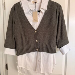 Elan Brown Knit Cardigan with White Shirt